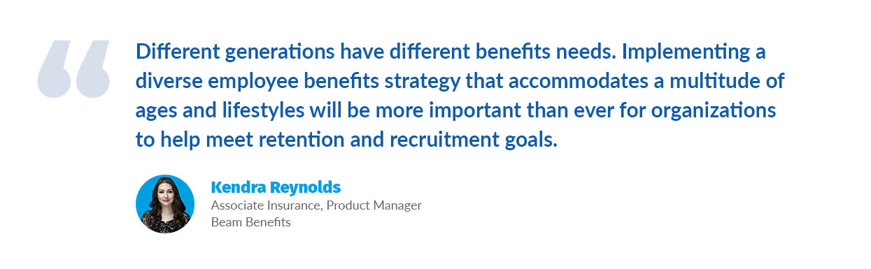 Quote from Kendra Reynolds: Different generations have different benefits needs. Implementing a diverse employee benefits strategy that accommodates a multitude of ages and lifestyles will be more important than ever for organizations to help meet retention and recruitment goals.